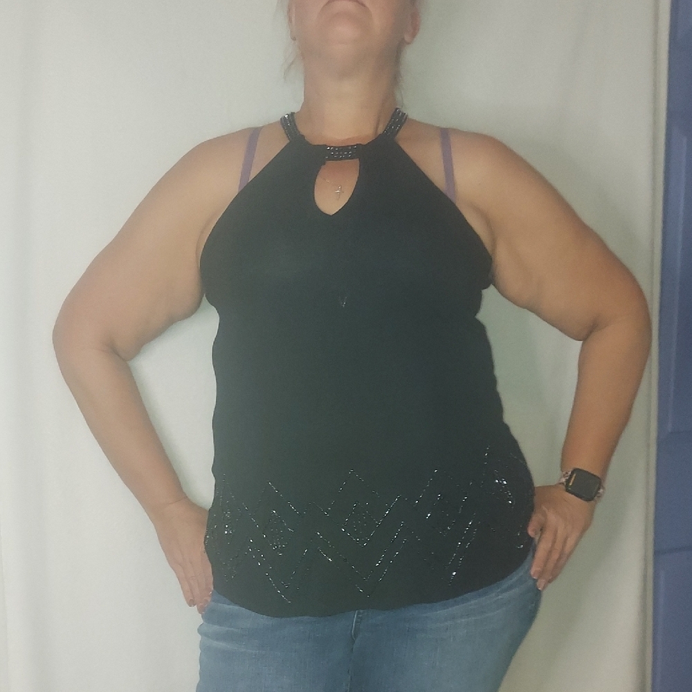 Black Sleeveless Women's Top With beading @ Waist.